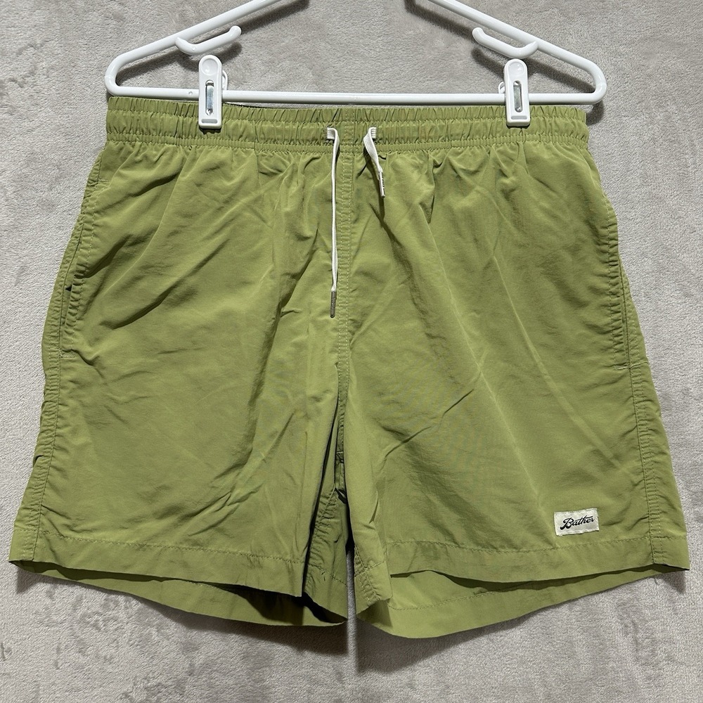 Bather Solid Olive Swim Trunks Mesh Lined Shorts Men's L Elastic Waistband Logo